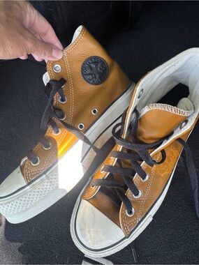 Converse High Top Sneakers in Tan Leather with Black Laces